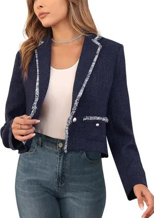M.Infisavo Women's Crop Tweed Blazer 2025 Fashion Elegant Notch Lapel Open Front Cardigan Casual Office Jacket Pockets