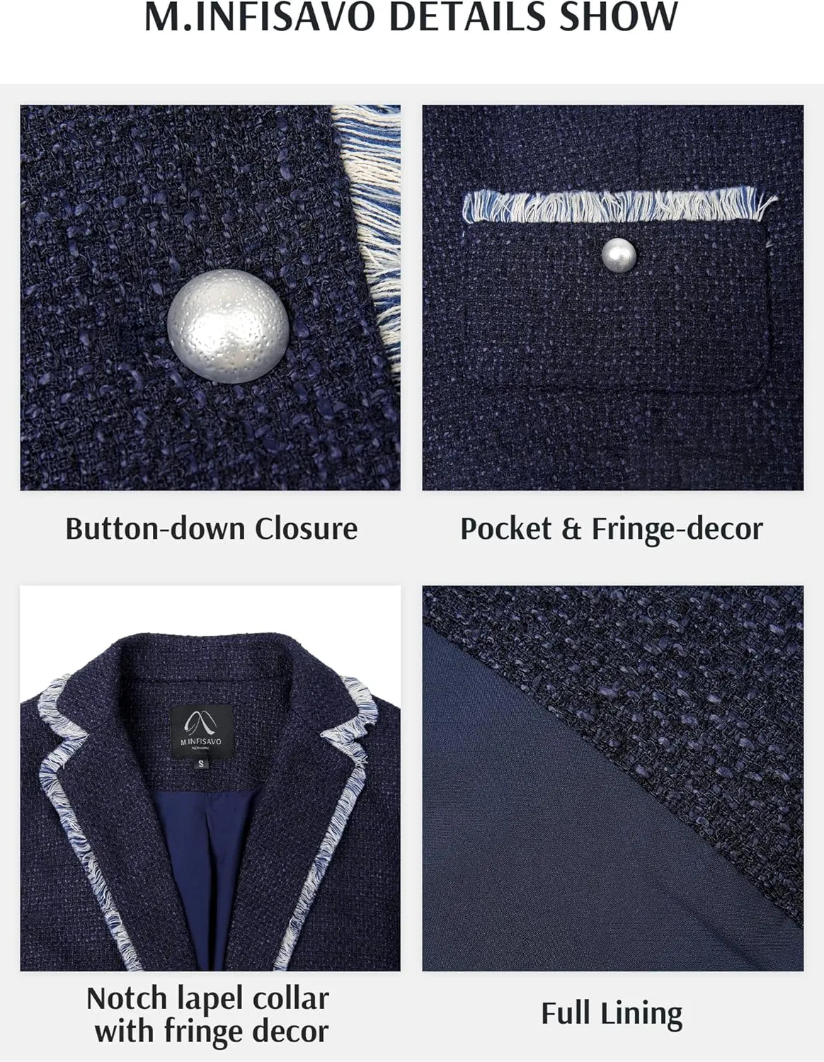 M.Infisavo Women's Crop Tweed Blazer 2025 Fashion Elegant Notch Lapel Open Front Cardigan Casual Office Jacket Pockets