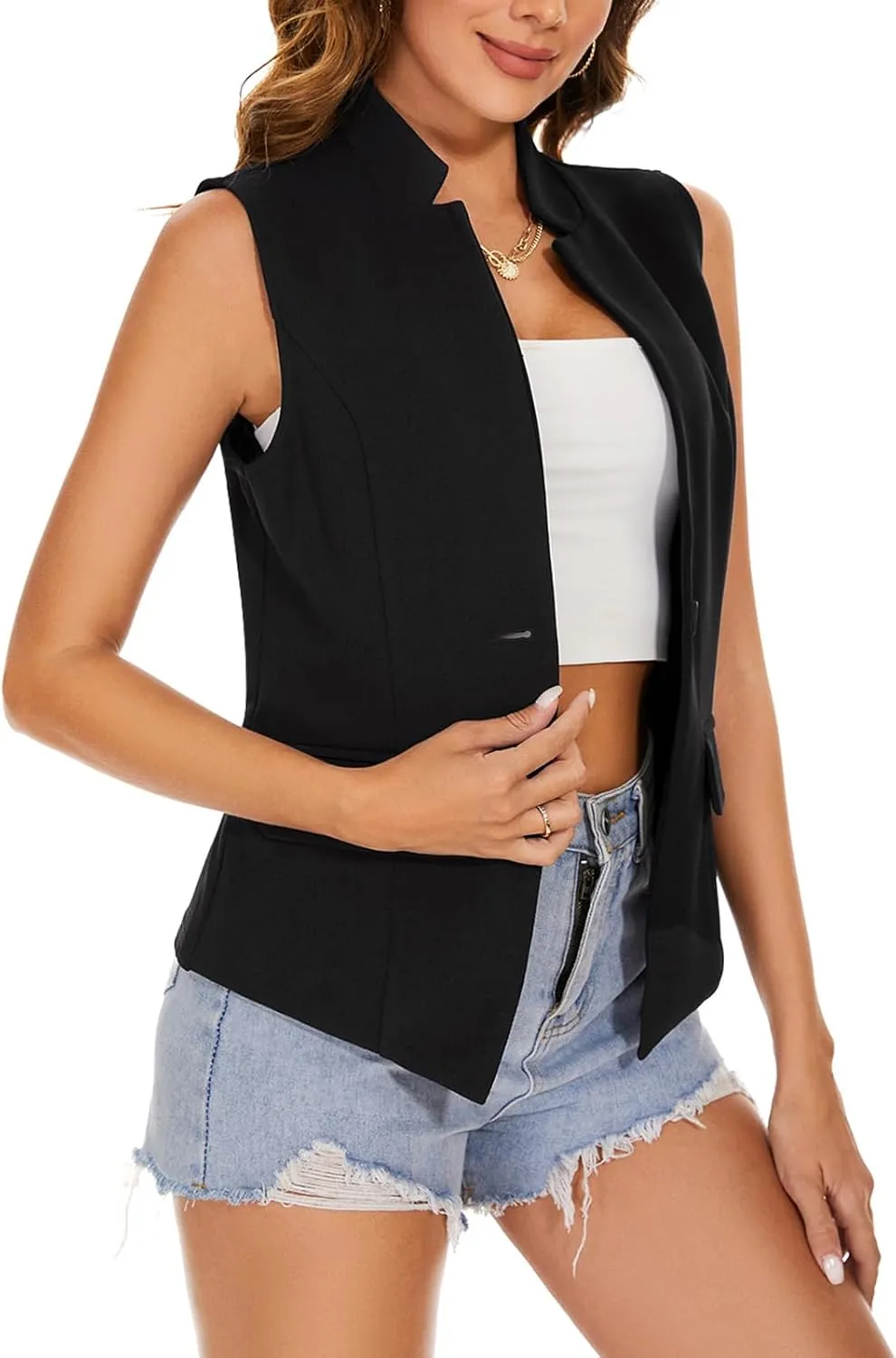 MINTLIMIT Women Button Front Sleeveless Blazer Vest Summer Casual Notch Collar Office Lightweight Vests Blazers with Pockets