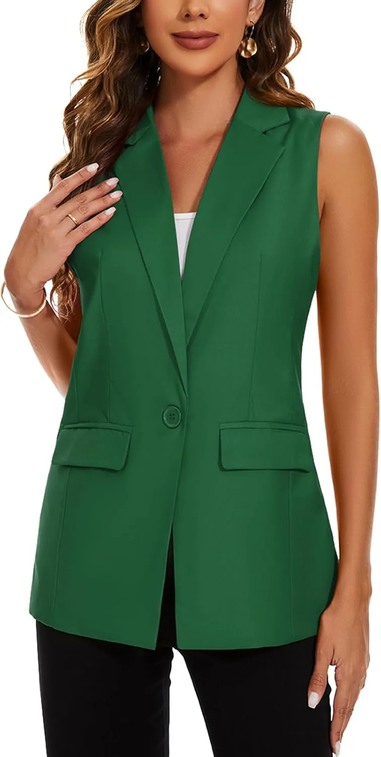 MINTLIMIT Womens Casual Vest Sleeveless Blazer Button Front Jacket Office Fully Lined Notched Lapel Long Blazers with Pockets