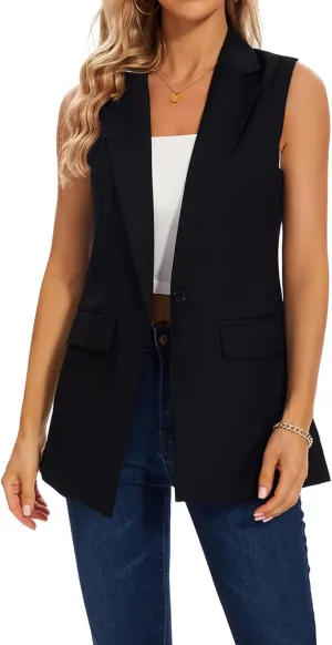 MINTLIMIT Womens Casual Vest Sleeveless Blazer Button Front Jacket Office Fully Lined Notched Lapel Long Blazers with Pockets