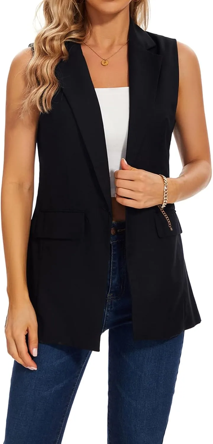 MINTLIMIT Womens Casual Vest Sleeveless Blazer Button Front Jacket Office Fully Lined Notched Lapel Long Blazers with Pockets