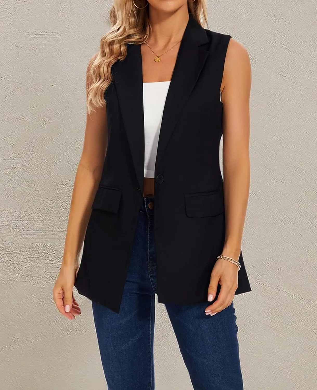 MINTLIMIT Womens Casual Vest Sleeveless Blazer Button Front Jacket Office Fully Lined Notched Lapel Long Blazers with Pockets
