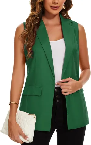 MINTLIMIT Womens Casual Vest Sleeveless Blazer Button Front Jacket Office Fully Lined Notched Lapel Long Blazers with Pockets