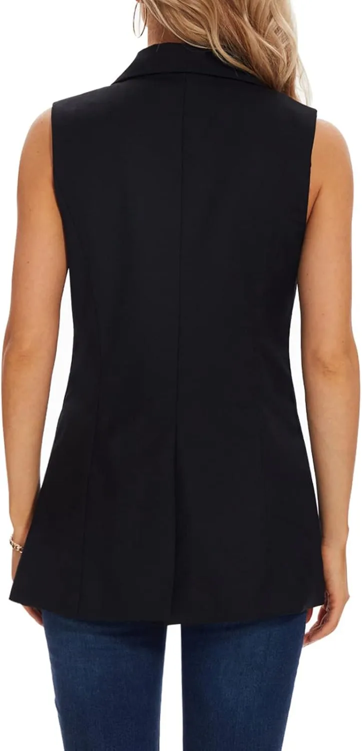 MINTLIMIT Womens Casual Vest Sleeveless Blazer Button Front Jacket Office Fully Lined Notched Lapel Long Blazers with Pockets