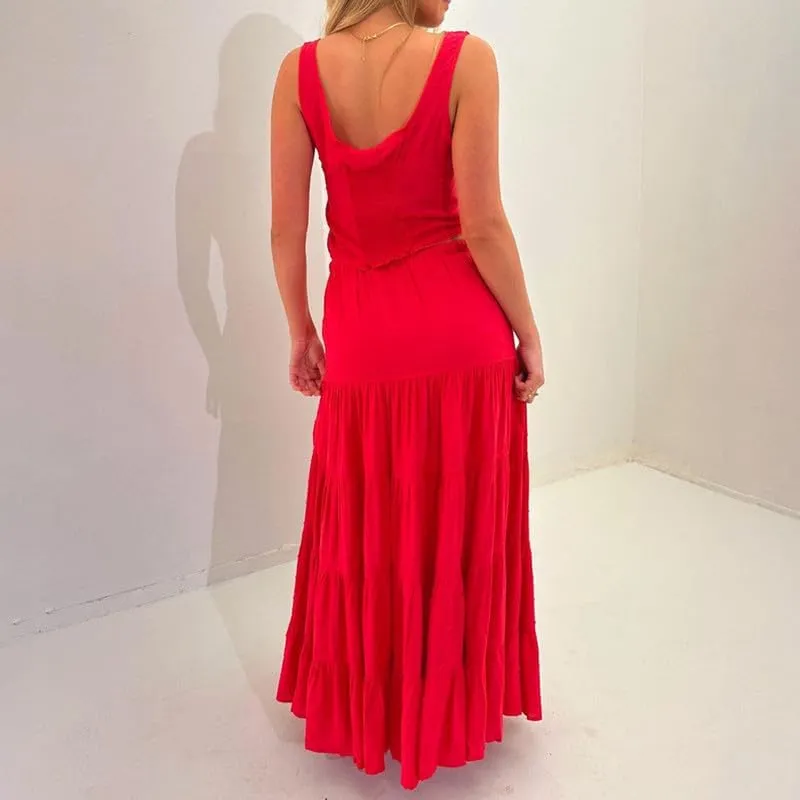 NUFIWI Sexy 2 Pieces Long Skirt Set Sleeveless Crop Cami Top and Flowy Pleated Skirts Set Ruffle Sheer Maxi Skirt Beach Suit
