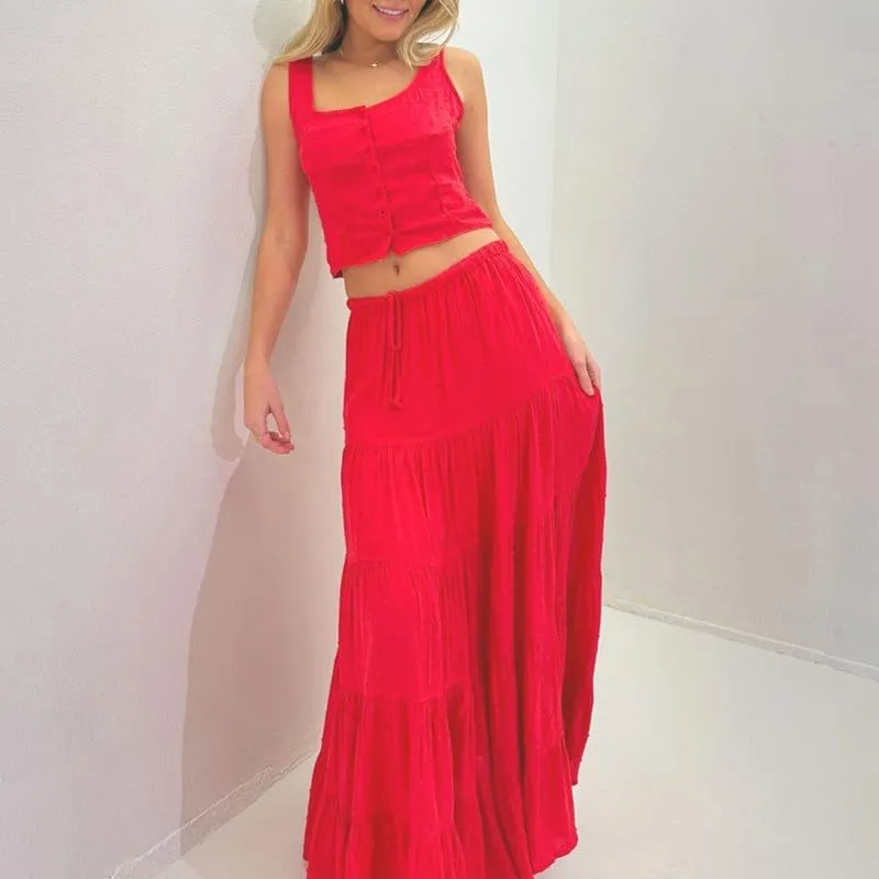 NUFIWI Sexy 2 Pieces Long Skirt Set Sleeveless Crop Cami Top and Flowy Pleated Skirts Set Ruffle Sheer Maxi Skirt Beach Suit