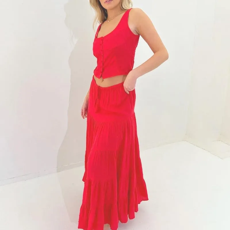 NUFIWI Sexy 2 Pieces Long Skirt Set Sleeveless Crop Cami Top and Flowy Pleated Skirts Set Ruffle Sheer Maxi Skirt Beach Suit
