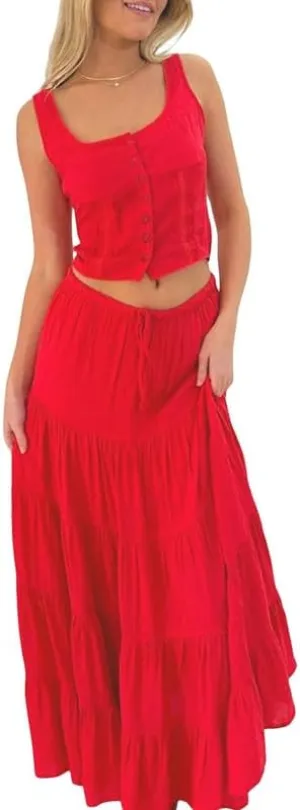 NUFIWI Sexy 2 Pieces Long Skirt Set Sleeveless Crop Cami Top and Flowy Pleated Skirts Set Ruffle Sheer Maxi Skirt Beach Suit
