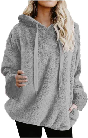 Oversized Fuzzy Fleece Hoodies For Women Warm Long Sleeve Sherpa Pullover Sweatshirts Winter Tops With Pockets