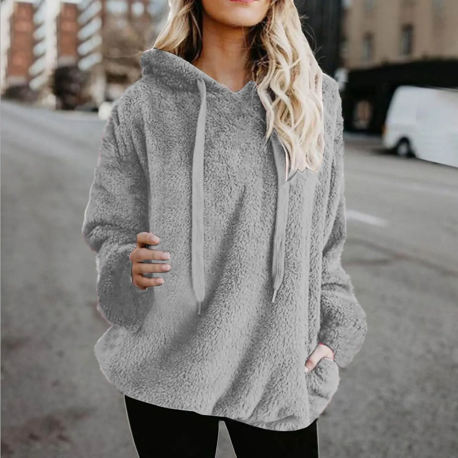 Oversized Fuzzy Fleece Hoodies For Women Warm Long Sleeve Sherpa Pullover Sweatshirts Winter Tops With Pockets