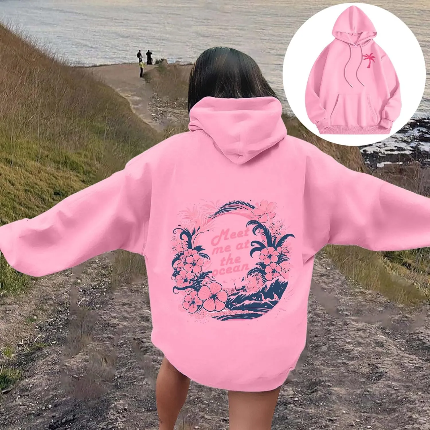 Pink Hoodie Oversized Hoodies for Women, Teen Girls Preppy Sweatshirt Long Sleeve Sweatshirts,Pink