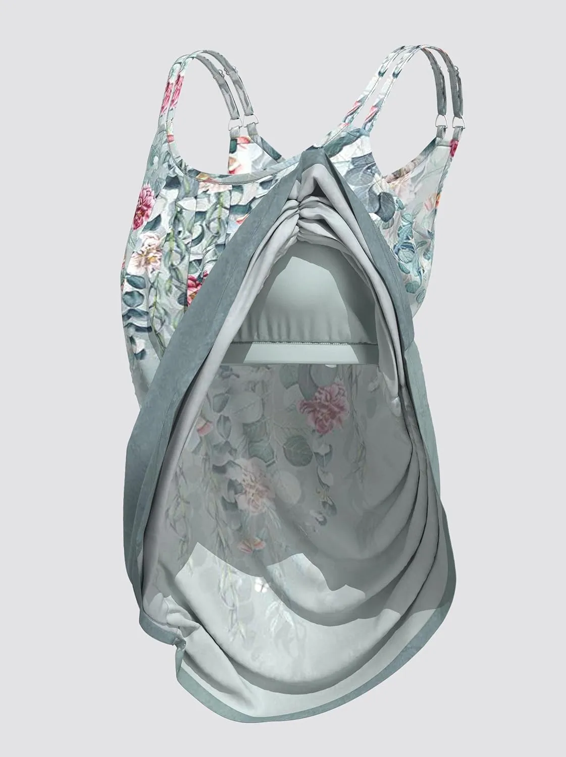 Plus Size Cami with Built in Bra Casual Dusty Blue Floral Print Tank Top for Women Comfy Loose Fit