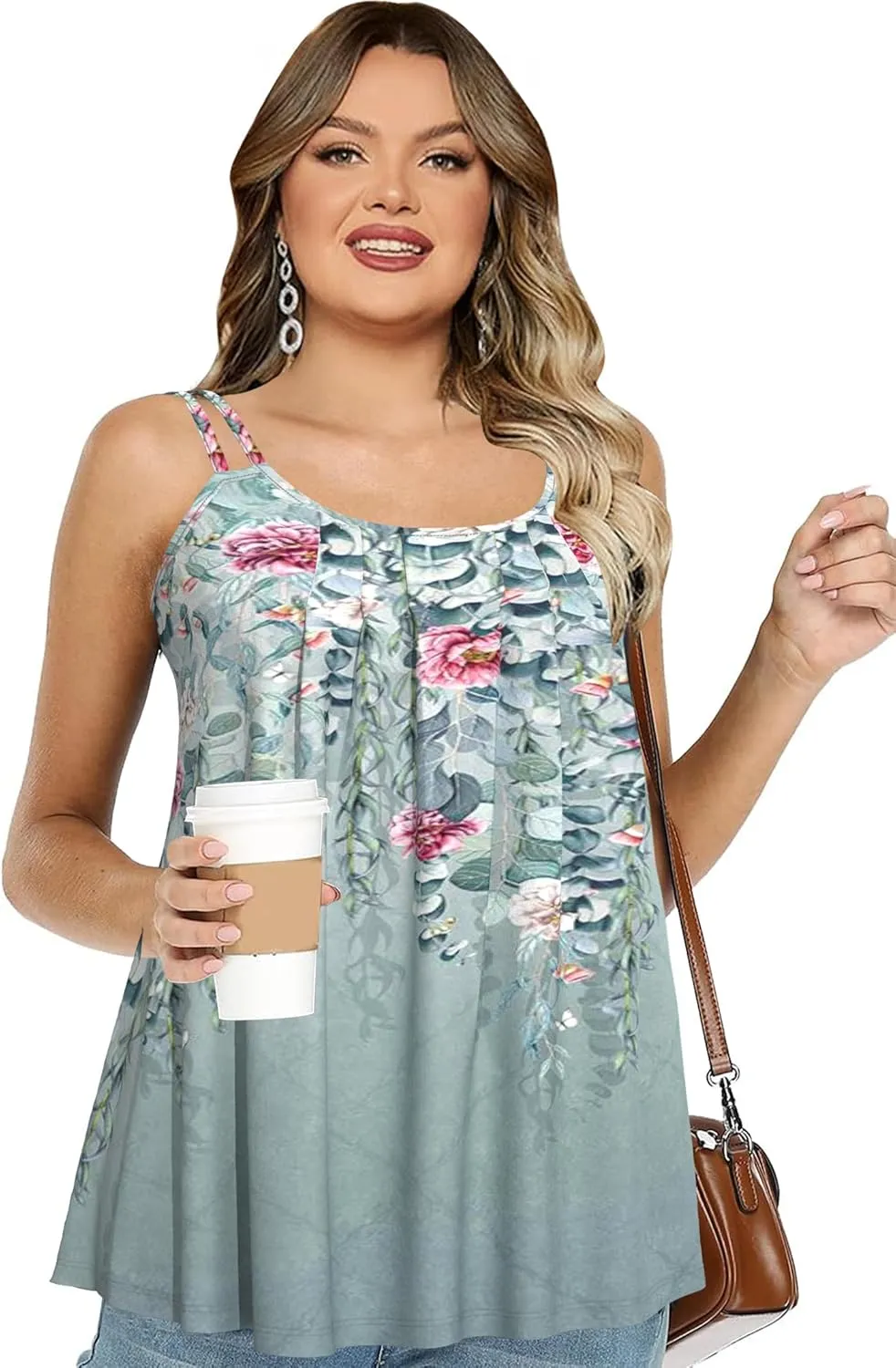 Plus Size Cami with Built in Bra Casual Dusty Blue Floral Print Tank Top for Women Comfy Loose Fit