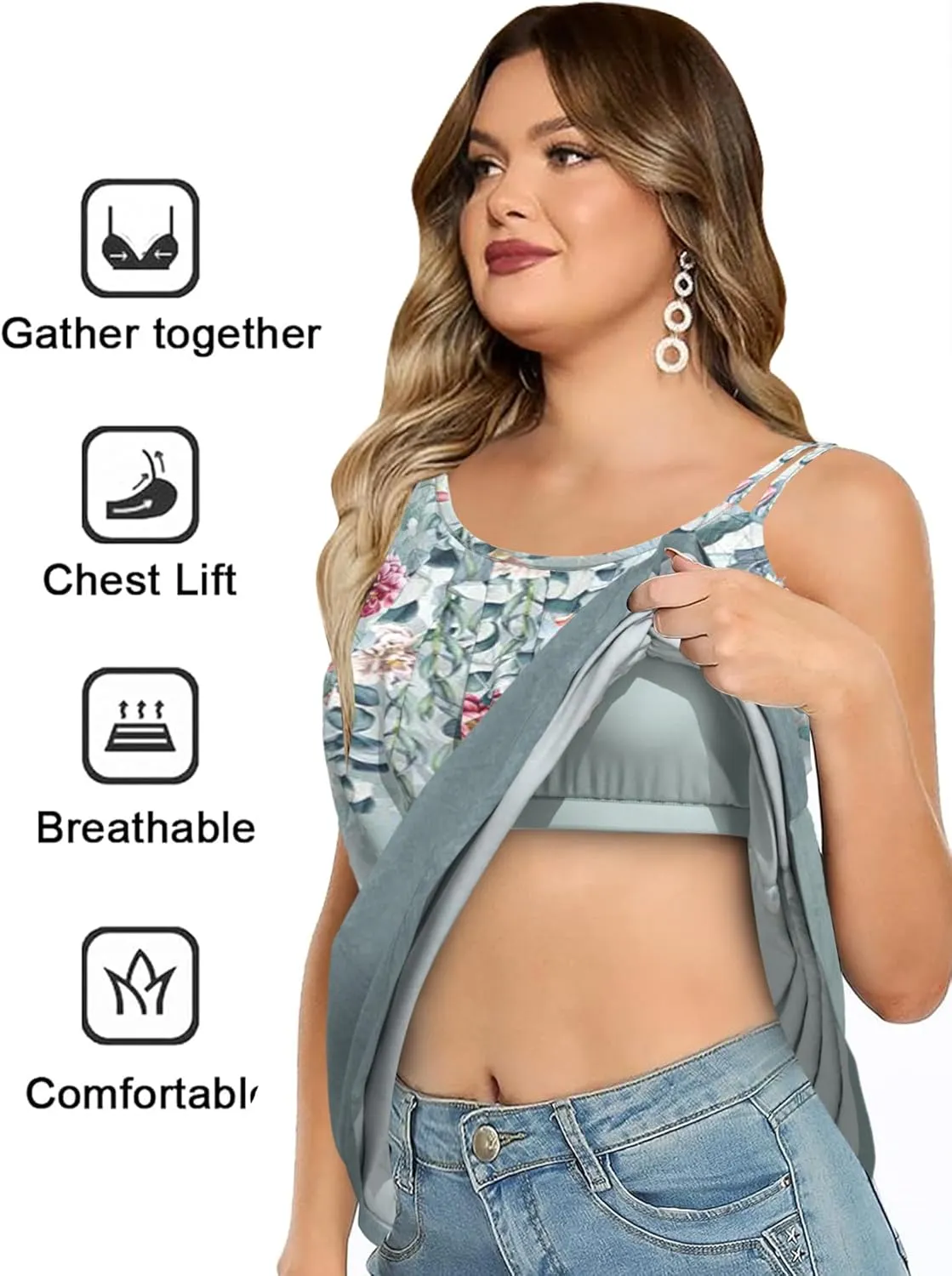 Plus Size Cami with Built in Bra Casual Dusty Blue Floral Print Tank Top for Women Comfy Loose Fit