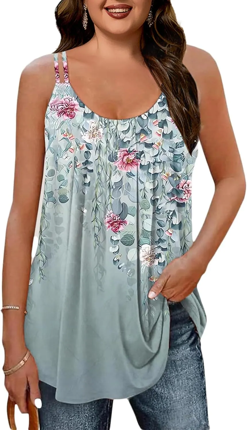Plus Size Cami with Built in Bra Casual Dusty Blue Floral Print Tank Top for Women Comfy Loose Fit