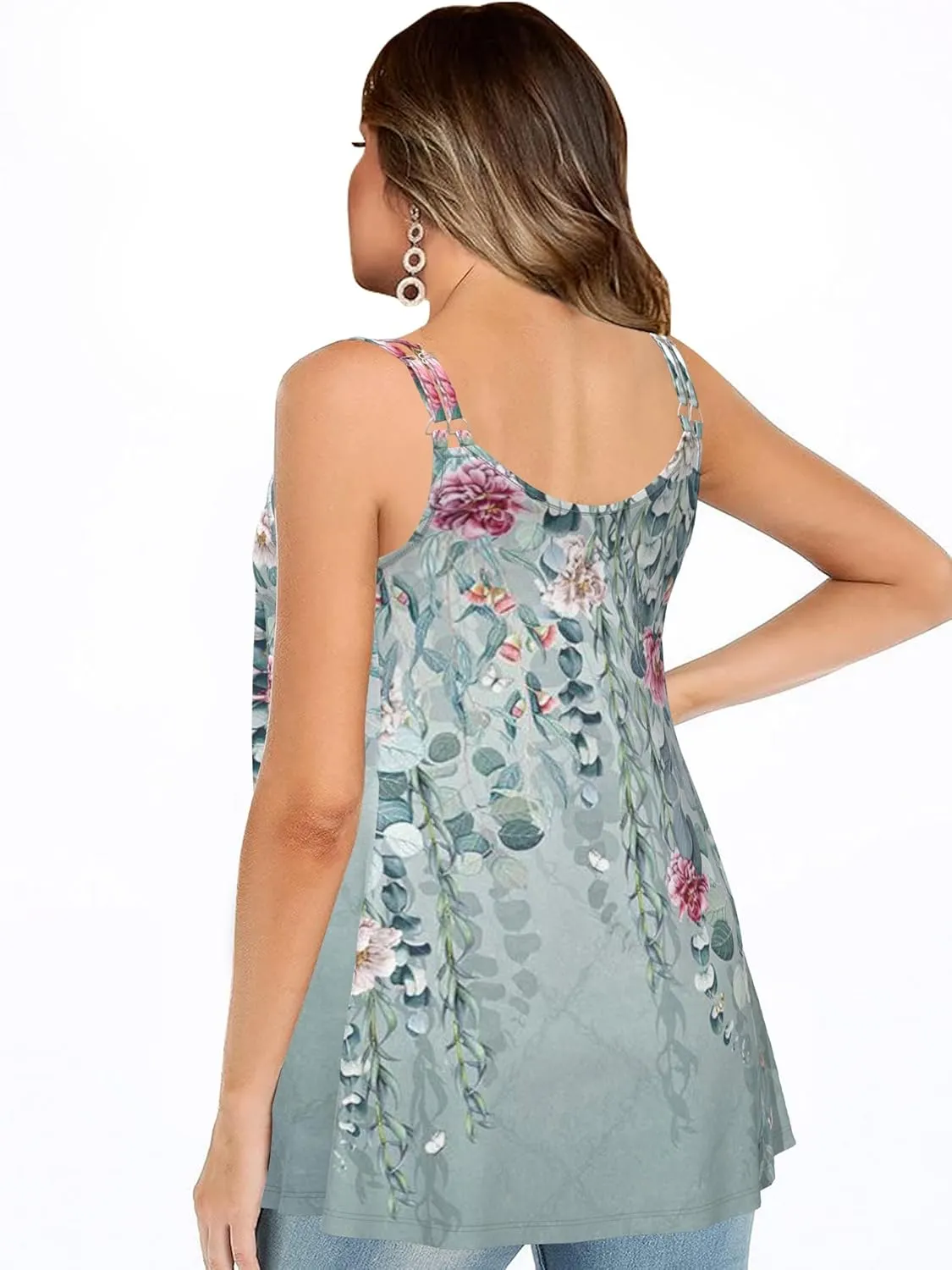 Plus Size Cami with Built in Bra Casual Dusty Blue Floral Print Tank Top for Women Comfy Loose Fit