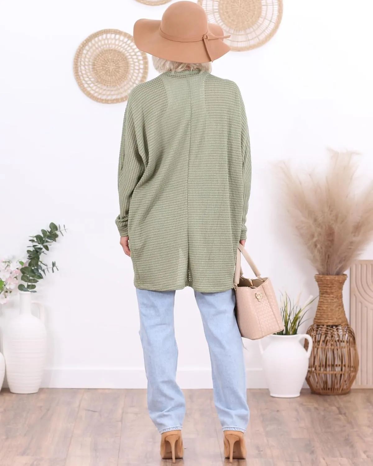 Popana Long Oversized Fall Batwing Waffle Knit Cardigan Sweaters for Women with Pockets Plus Size