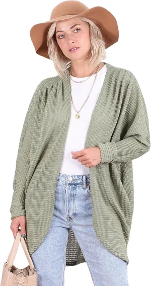 Popana Long Oversized Fall Batwing Waffle Knit Cardigan Sweaters for Women with Pockets Plus Size