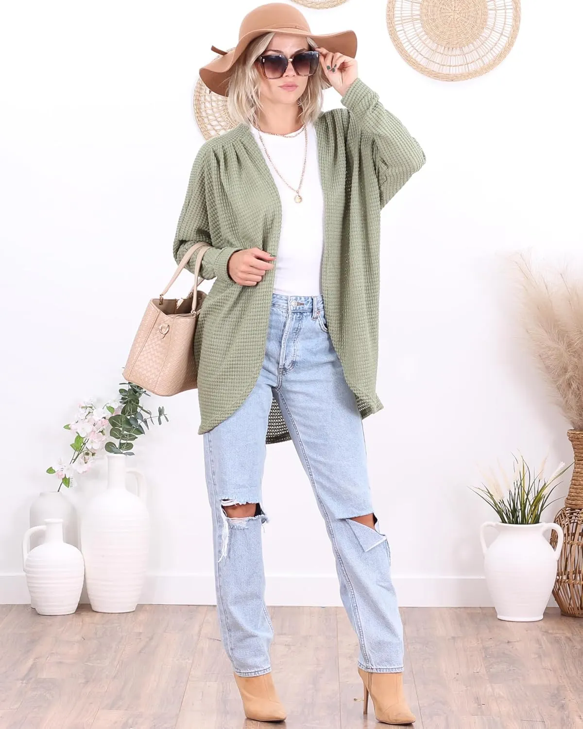 Popana Long Oversized Fall Batwing Waffle Knit Cardigan Sweaters for Women with Pockets Plus Size
