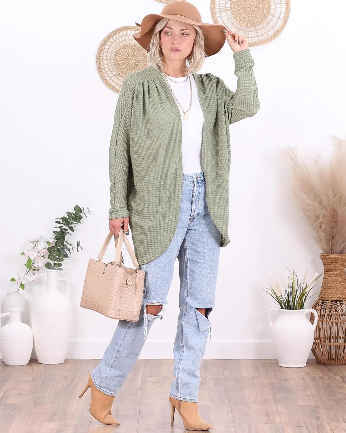 Popana Long Oversized Fall Batwing Waffle Knit Cardigan Sweaters for Women with Pockets Plus Size