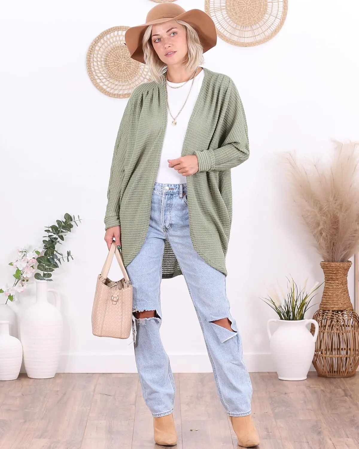 Popana Long Oversized Fall Batwing Waffle Knit Cardigan Sweaters for Women with Pockets Plus Size