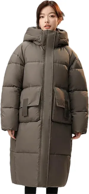 Pulcykp Womenloose Down Cotton-Padded Jacket Winter Casual Long Thickened Coat Over-Knee Hat Warm Coats