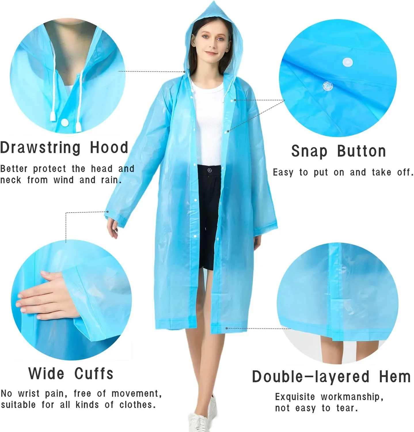 Rain Ponchos for Adults, Reusable Waterproof Hooded EVA Rain Coats Rain Jackets Rainwear for Women Men, Pack of 2