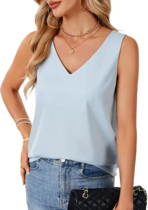 Rooscier Women's Satin Silk Tank Tops V Neck Cami Sleeveless Casual Basic Camisole Blouses Shirt