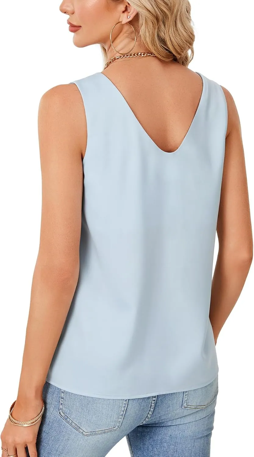 Rooscier Women's Satin Silk Tank Tops V Neck Cami Sleeveless Casual Basic Camisole Blouses Shirt