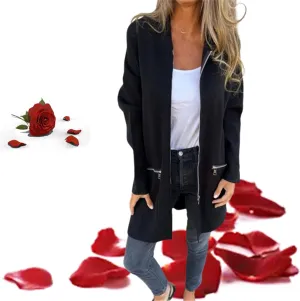 Round Neck Zipper Long Sleeve Casual Jacket,Womens Zip Up Hoodies Autumn Winter Tunic Trench Coat with Zip Pockets