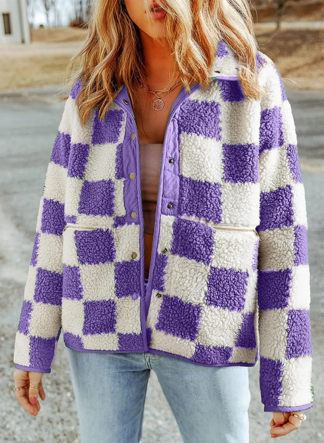 SHEWIN Jackets For Women Causal Sherpa Fall Jacket Loose Button Down Plaid Winter Coats