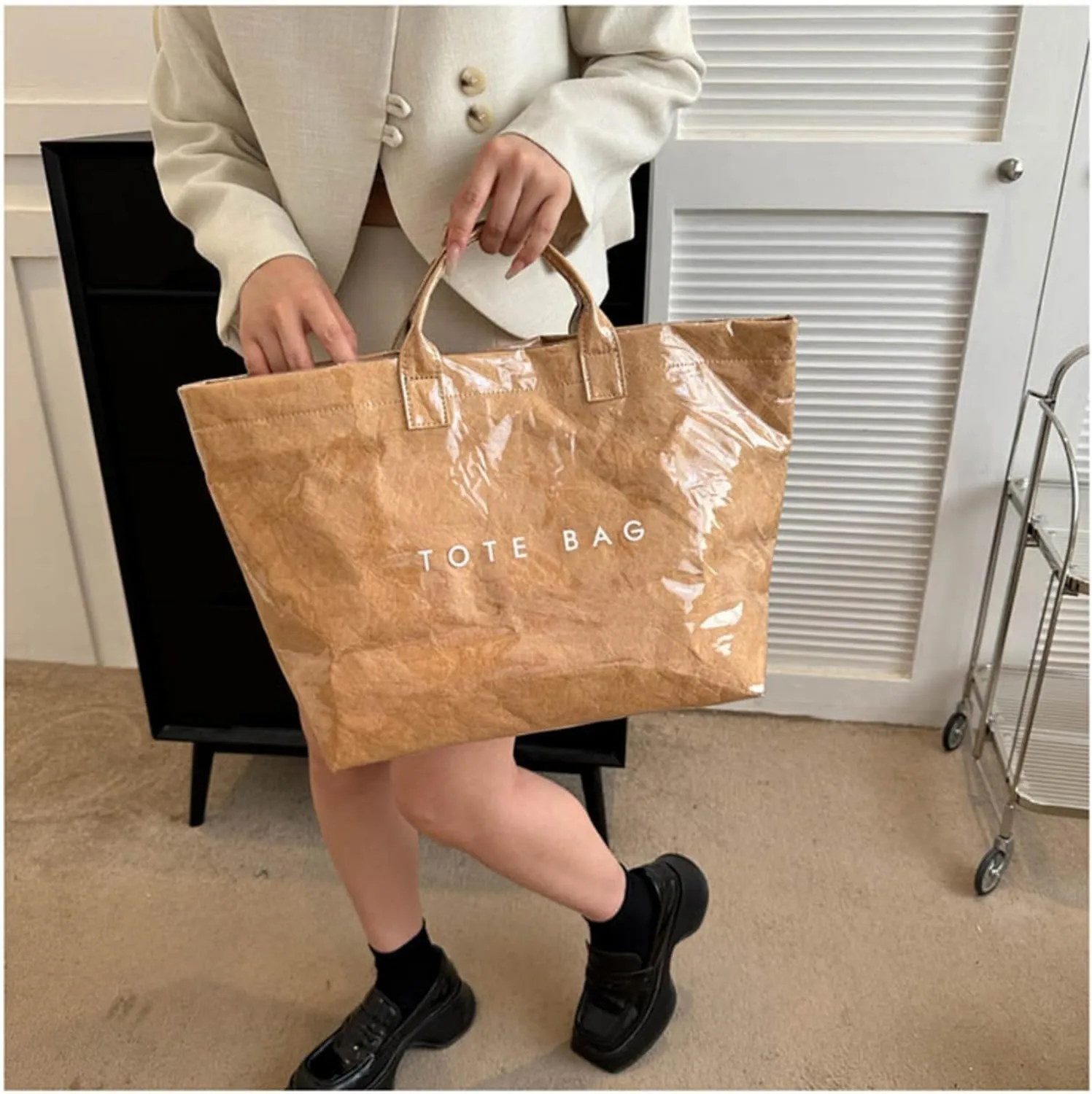 Stellaya Tote Bag, Plastic Tote Bag,Women's Letters Print Large Kraft Paper Carry All Bag Top Handle Clear Hobo Handbag