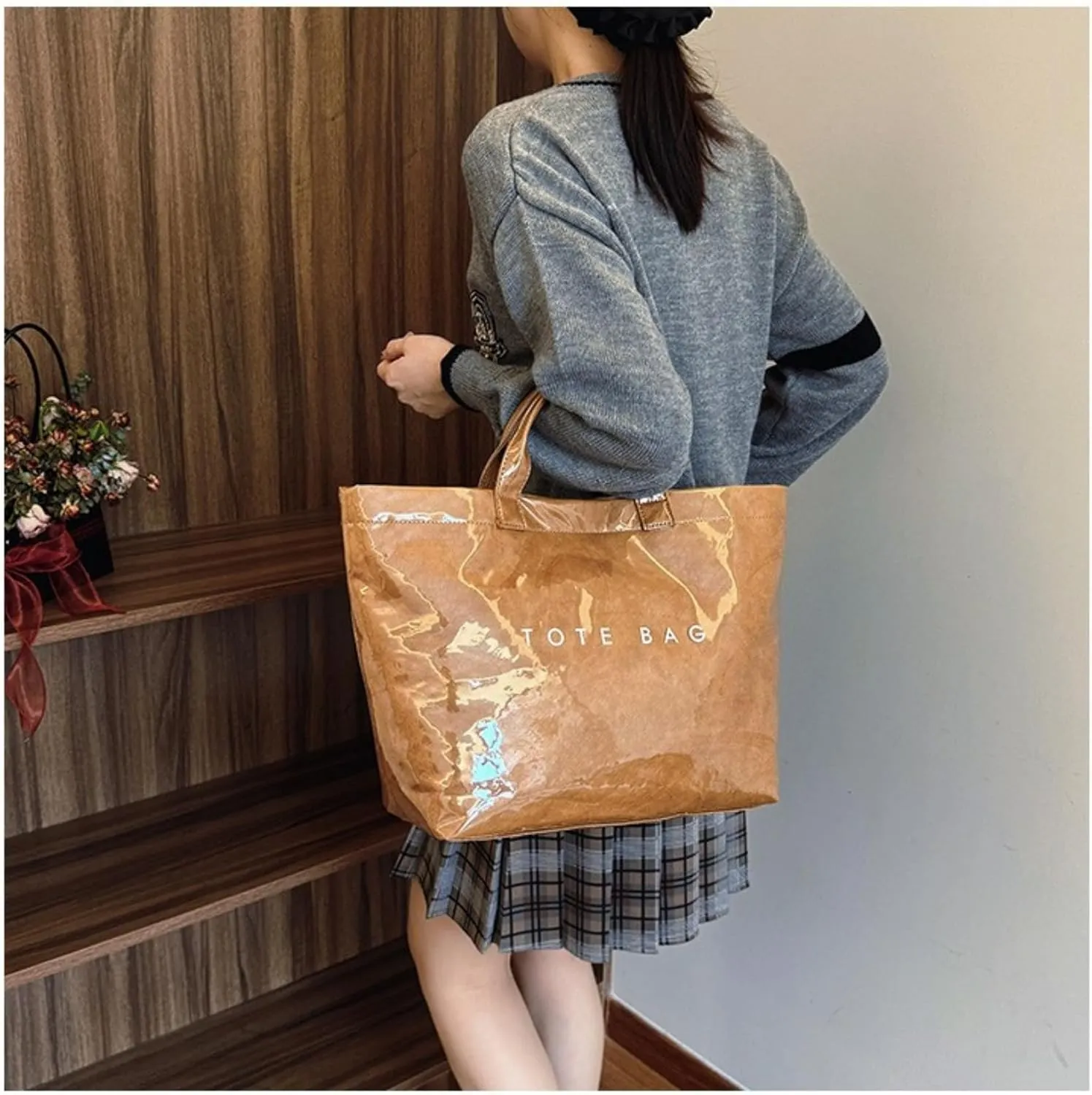 Stellaya Tote Bag, Plastic Tote Bag,Women's Letters Print Large Kraft Paper Carry All Bag Top Handle Clear Hobo Handbag