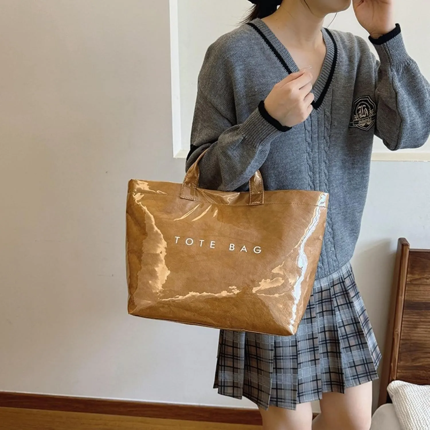 Stellaya Tote Bag, Plastic Tote Bag,Women's Letters Print Large Kraft Paper Carry All Bag Top Handle Clear Hobo Handbag
