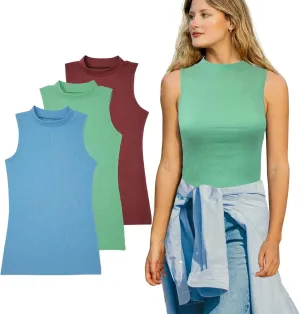 SUMONA 3 Pack Assorted Colors Everyday Casual Cotton Blend Mock High Neck Tank Tops