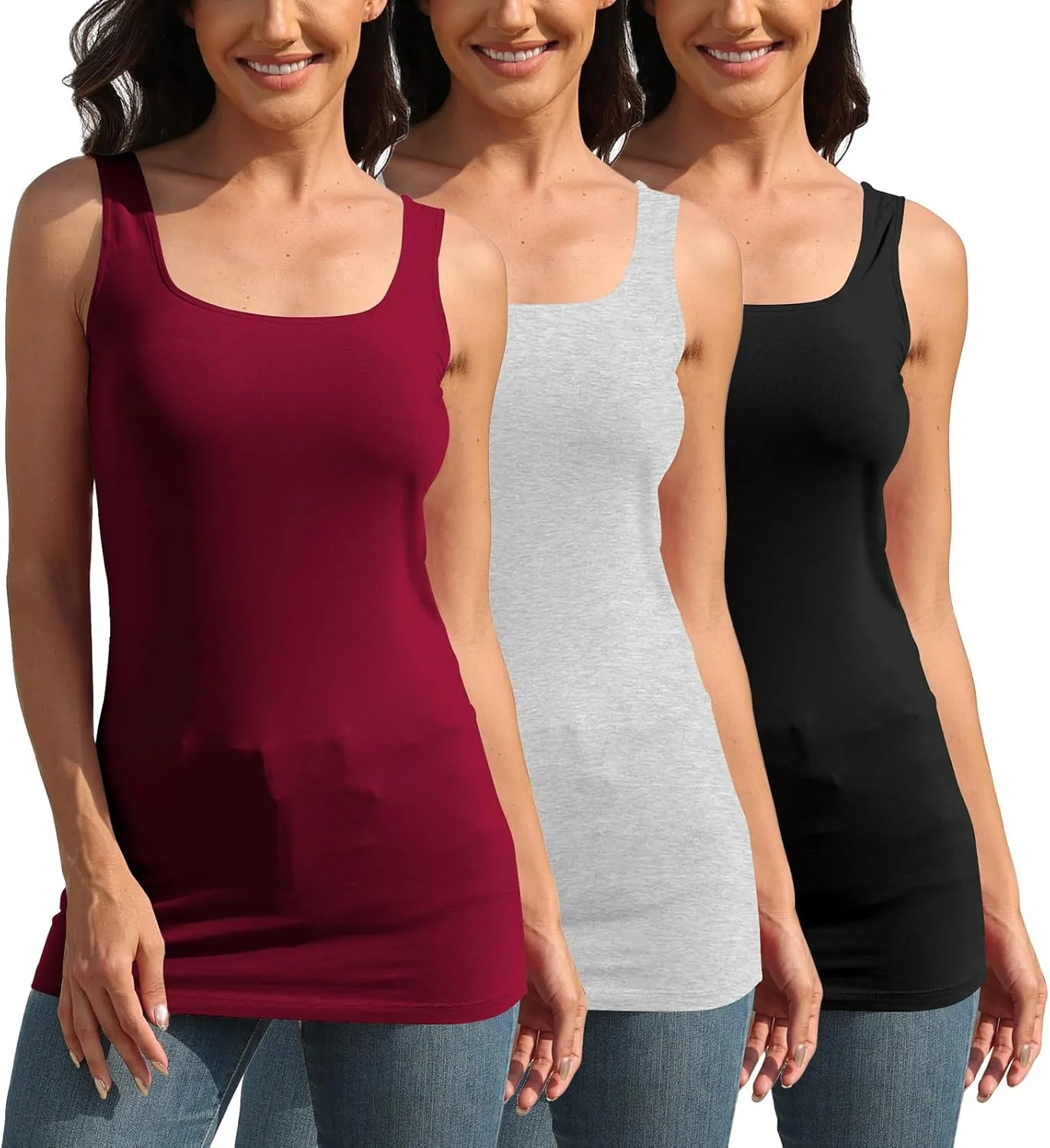 TAIPOVE Square Neck Long Tank Tops for Women Basic Sleeveless Layering Tunic Shirt Ladies Cotton Camis Undershirts 3-Pack