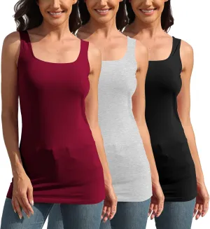 TAIPOVE Square Neck Long Tank Tops for Women Basic Sleeveless Layering Tunic Shirt Ladies Cotton Camis Undershirts 3-Pack