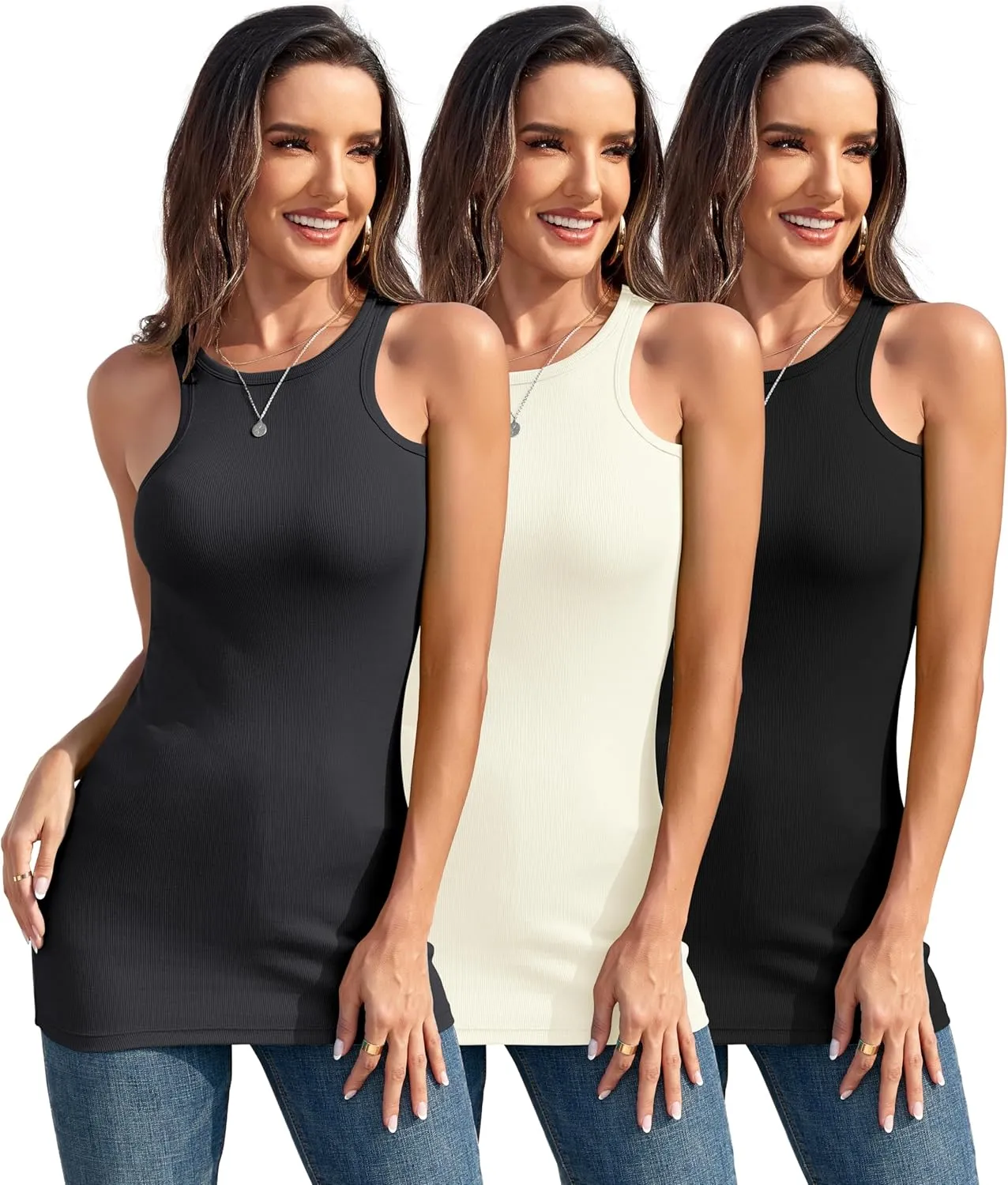 TAIPOVE Women's High Neck Long Tank Tops Ribbed Summer Sleeveless Shirt Basic Layering Camisole 3 Pack