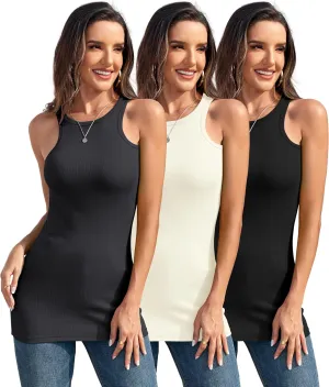 TAIPOVE Women's High Neck Long Tank Tops Ribbed Summer Sleeveless Shirt Basic Layering Camisole 3 Pack