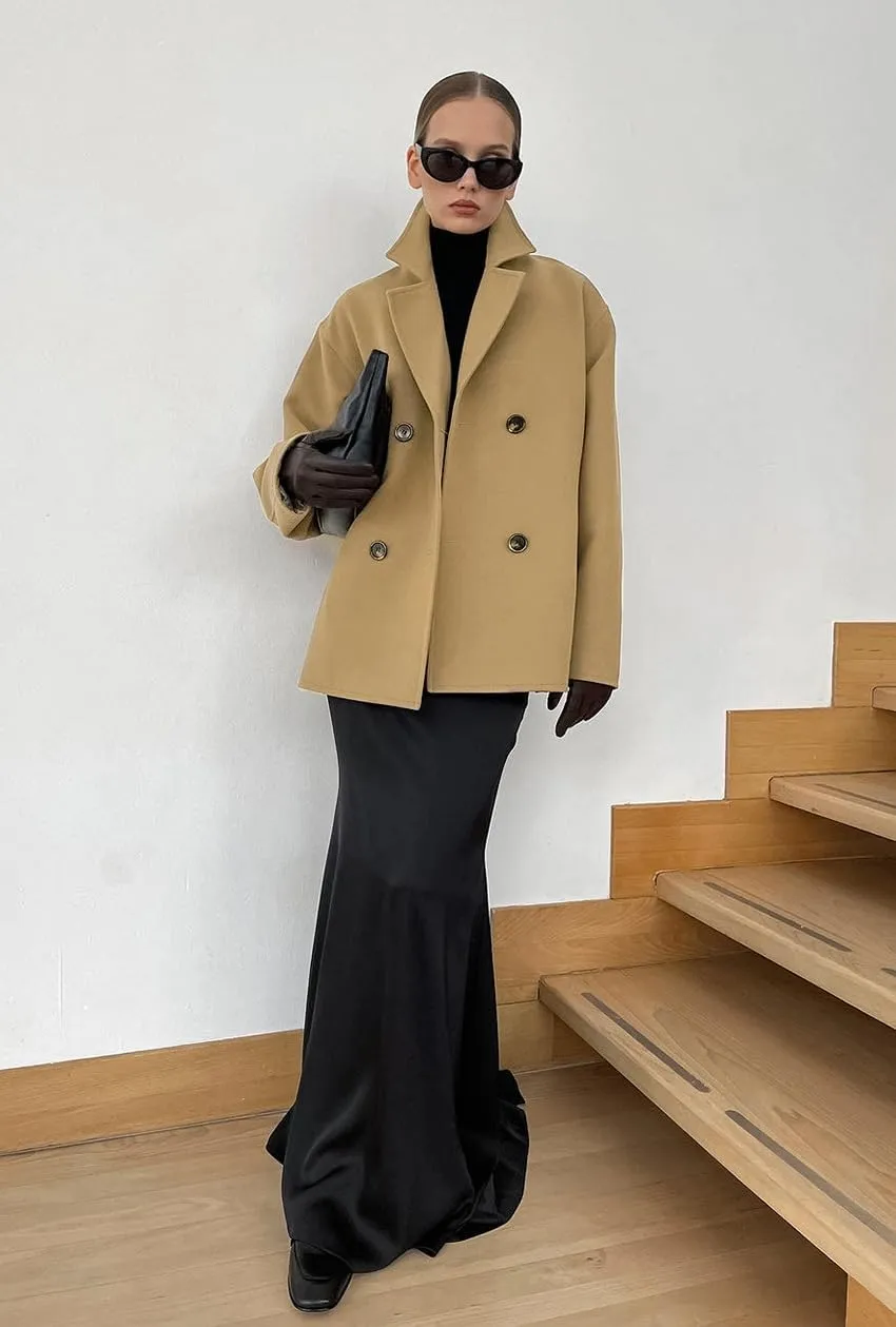 utcoco Women's 2024 Winter Wool Blend Trench Coat Casual Notched Lapel Double Breasted Pea Coat with Pockets
