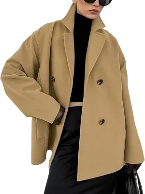 utcoco Women's 2024 Winter Wool Blend Trench Coat Casual Notched Lapel Double Breasted Pea Coat with Pockets