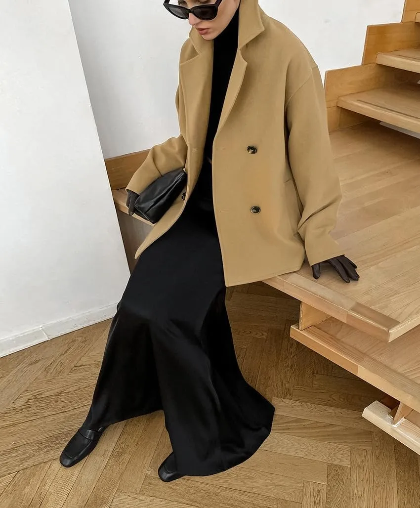utcoco Women's 2024 Winter Wool Blend Trench Coat Casual Notched Lapel Double Breasted Pea Coat with Pockets