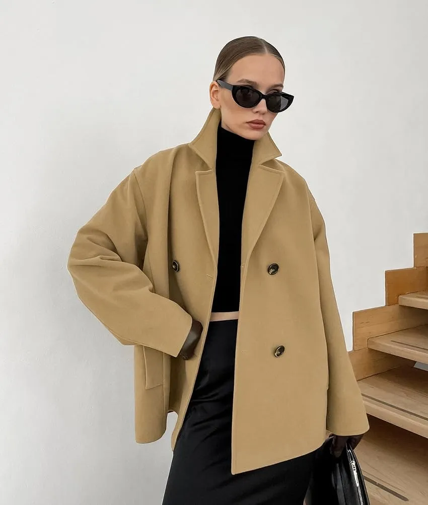 utcoco Women's 2024 Winter Wool Blend Trench Coat Casual Notched Lapel Double Breasted Pea Coat with Pockets