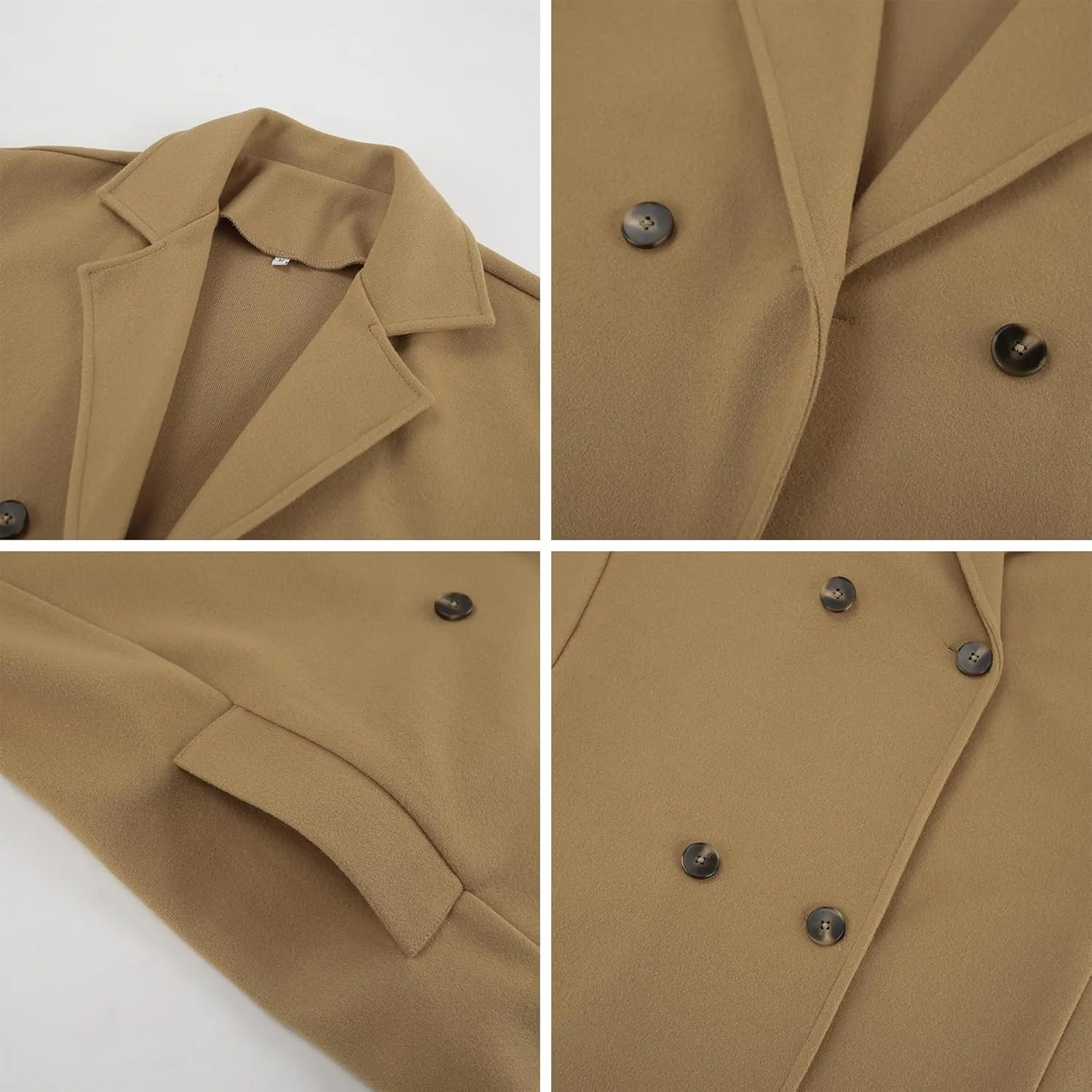 utcoco Women's 2024 Winter Wool Blend Trench Coat Casual Notched Lapel Double Breasted Pea Coat with Pockets