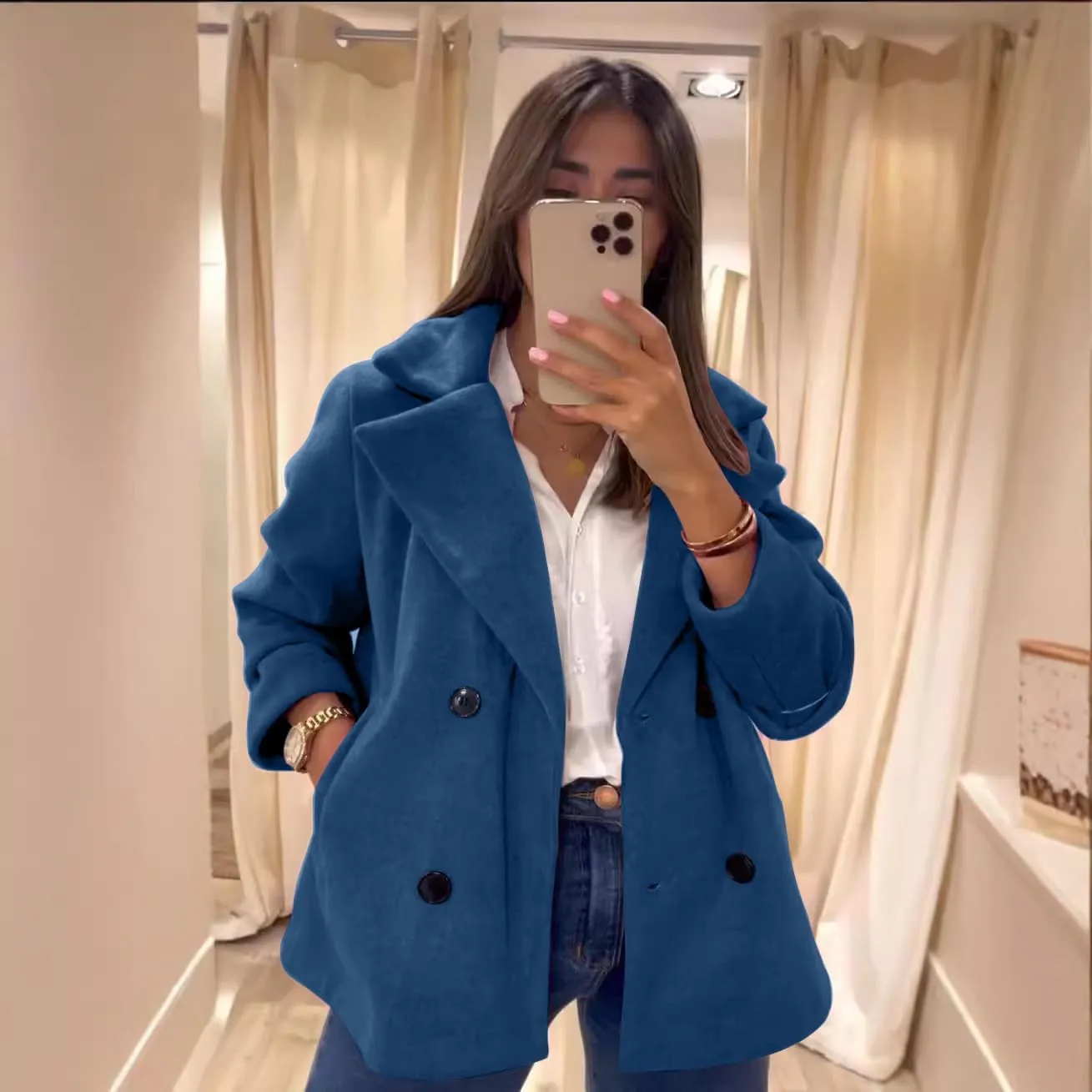 utcoco Women's 2024 Winter Woolen Coats Casual Notched Lapel Double Breasted Trench Coat Peacoat with Pockets