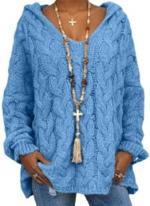 V Neck Hoodie Sweaters for Women, Trendy Oversized Long Sleeves Cable Knit Tops Vintage Chunky Drop Shoulder Pullover Sweater