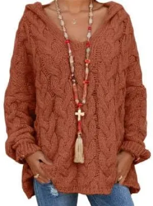 V Neck Hoodie Sweaters for Women, Trendy Oversized Long Sleeves Cable Knit Tops Vintage Chunky Drop Shoulder Pullover Sweater