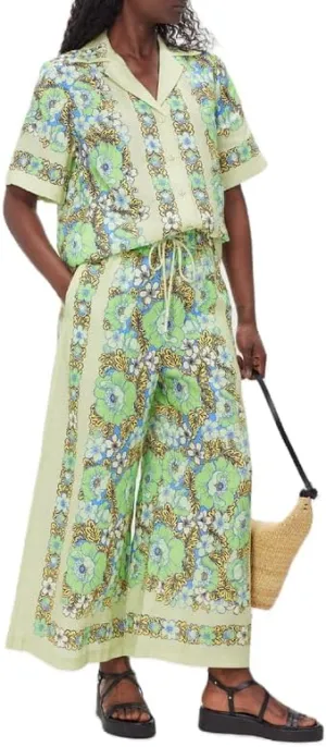 Vintage Graffiti 2 Pieces Pants Sets for Women Floral Fruit Print Short Sleeve Shirt Wide Leg Pants Beachwear Suit Green