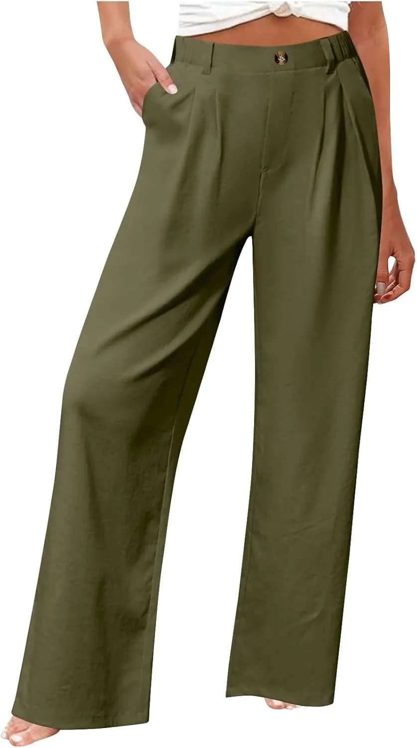 Wide Leg Dress Pants for Women Summer Casual High Waisted Dressy Pant with Pockets Trendy Office Work Slacks